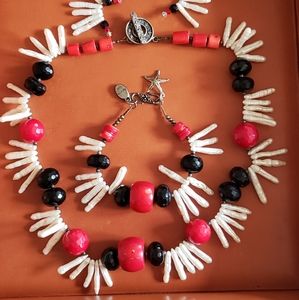 Biwa Pearl Coral and Jet Sterling Silver Set
